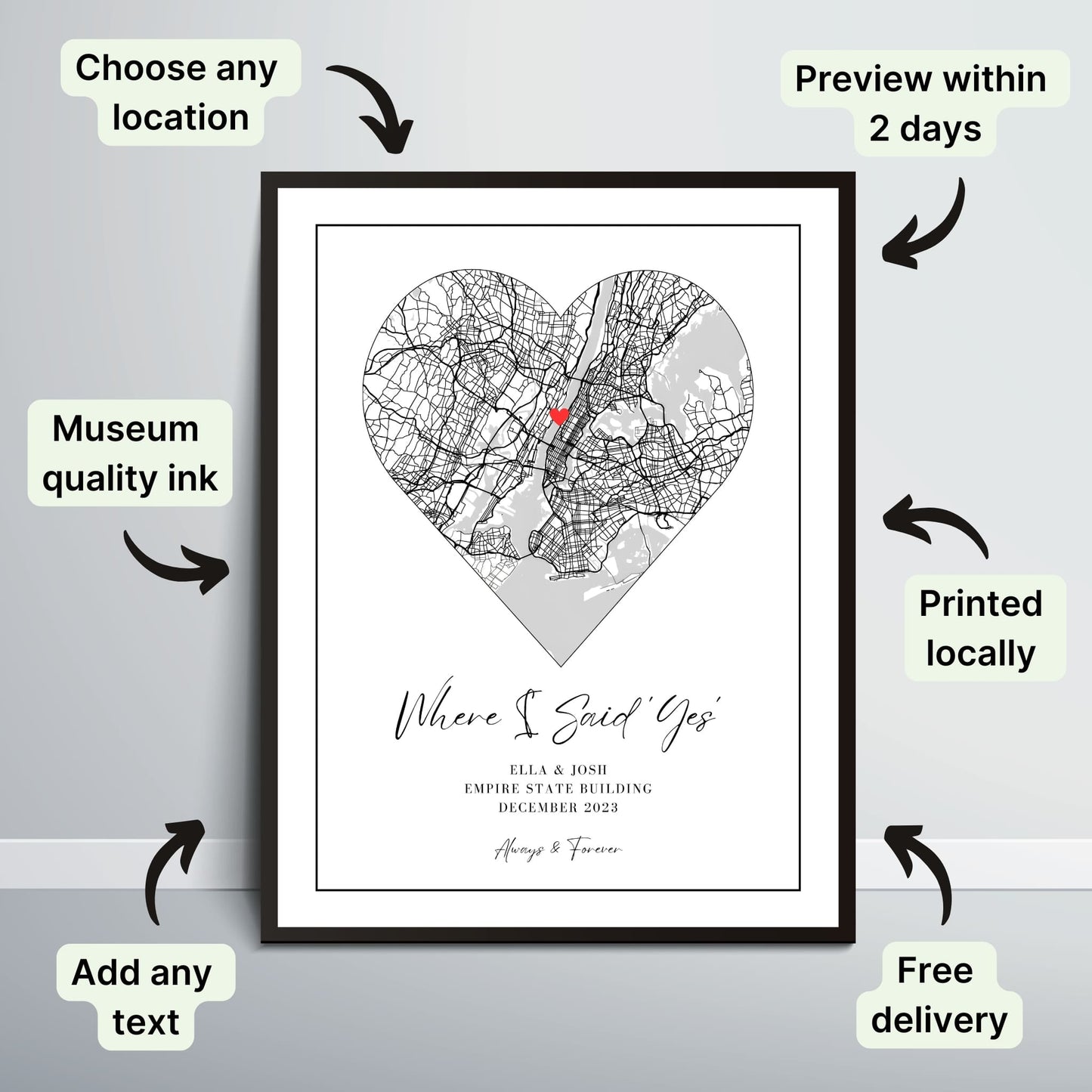 Heart-shaped map print with customizable text.