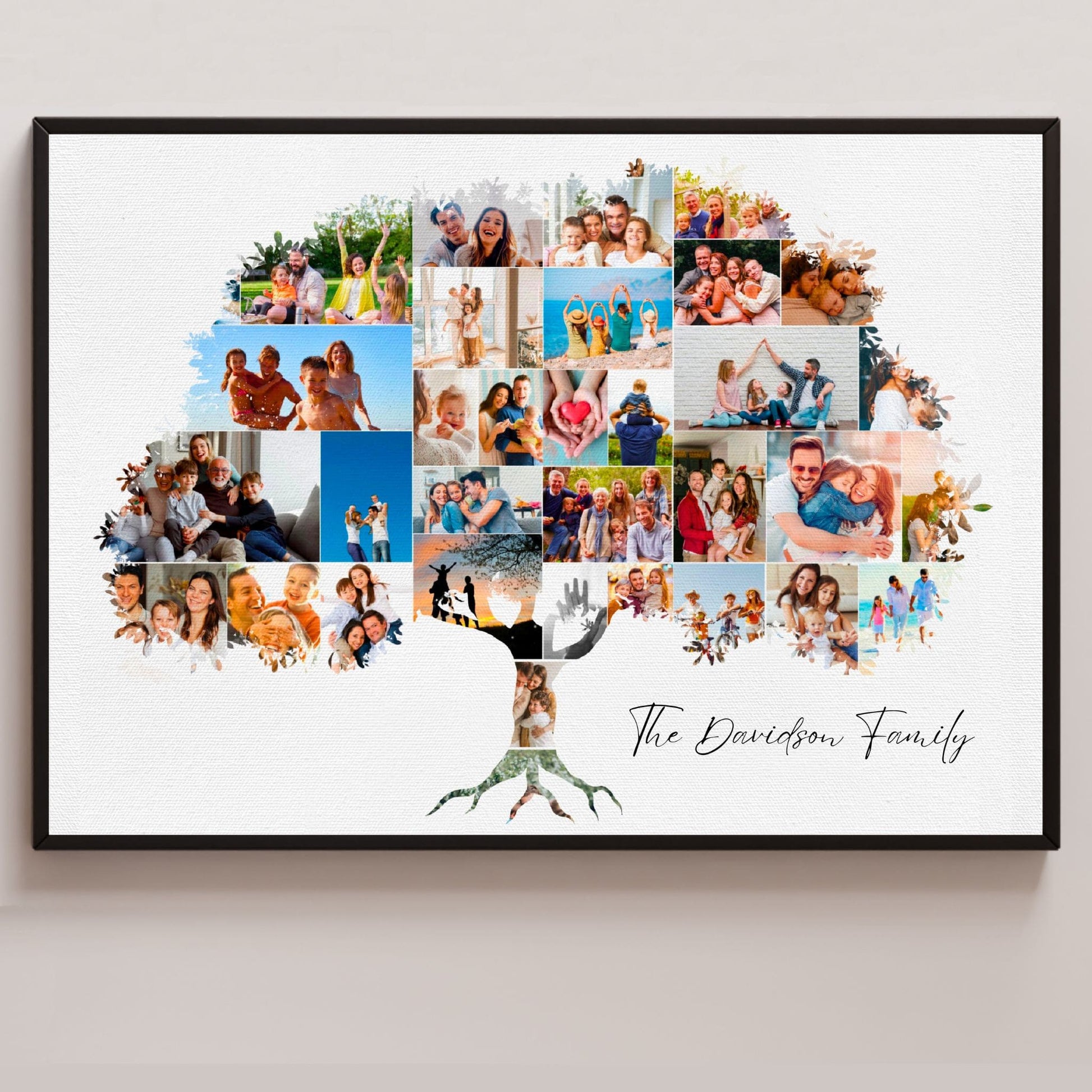 Personalised family tree in black frame.