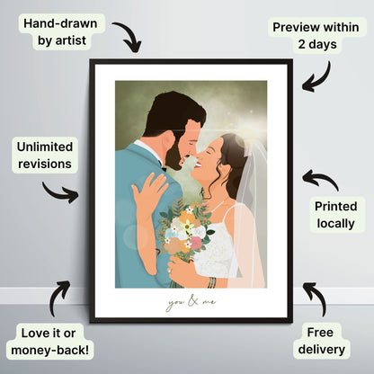 Framed illustration of a couple, with text highlighting features like hand-drawn artist, quick preview, revisions, local printing, and free delivery.