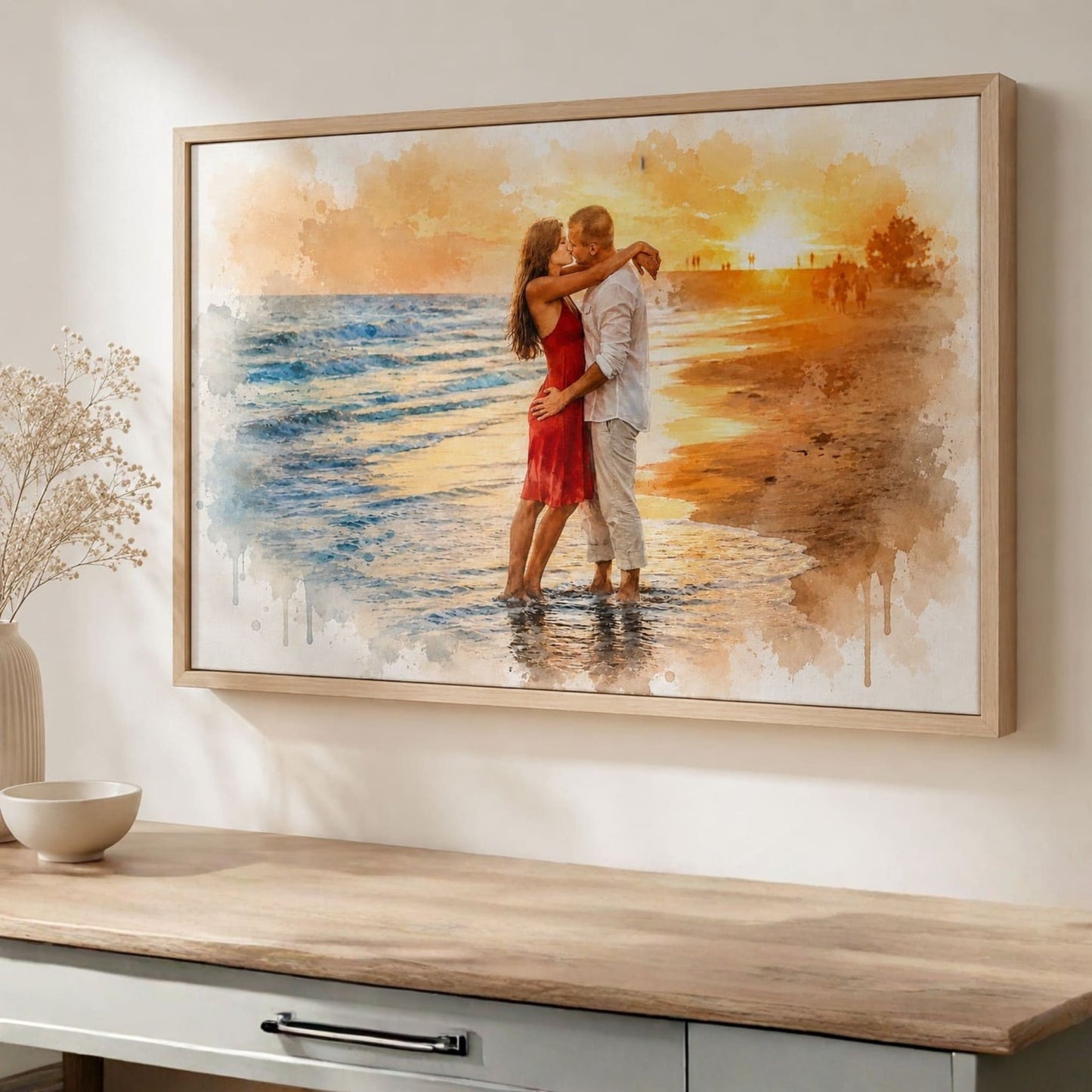Watercolor picture from a photo of a couple on a framed canvas for an anniversary gift.
