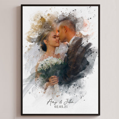 Watercolour portrait of wedding couple.