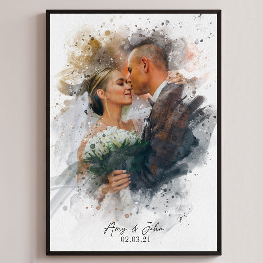 Watercolour portrait of wedding couple.