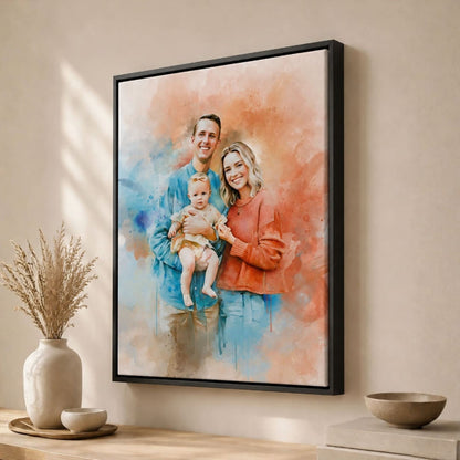 Watercolour portrait of family on a framed canvas.