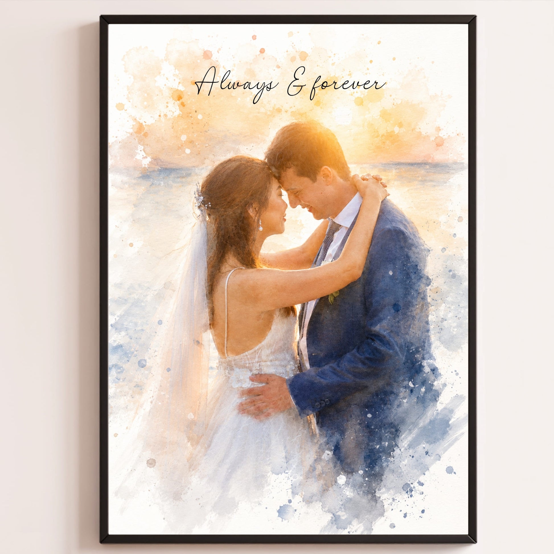 Watercolour portrait from photo of wedding couple.