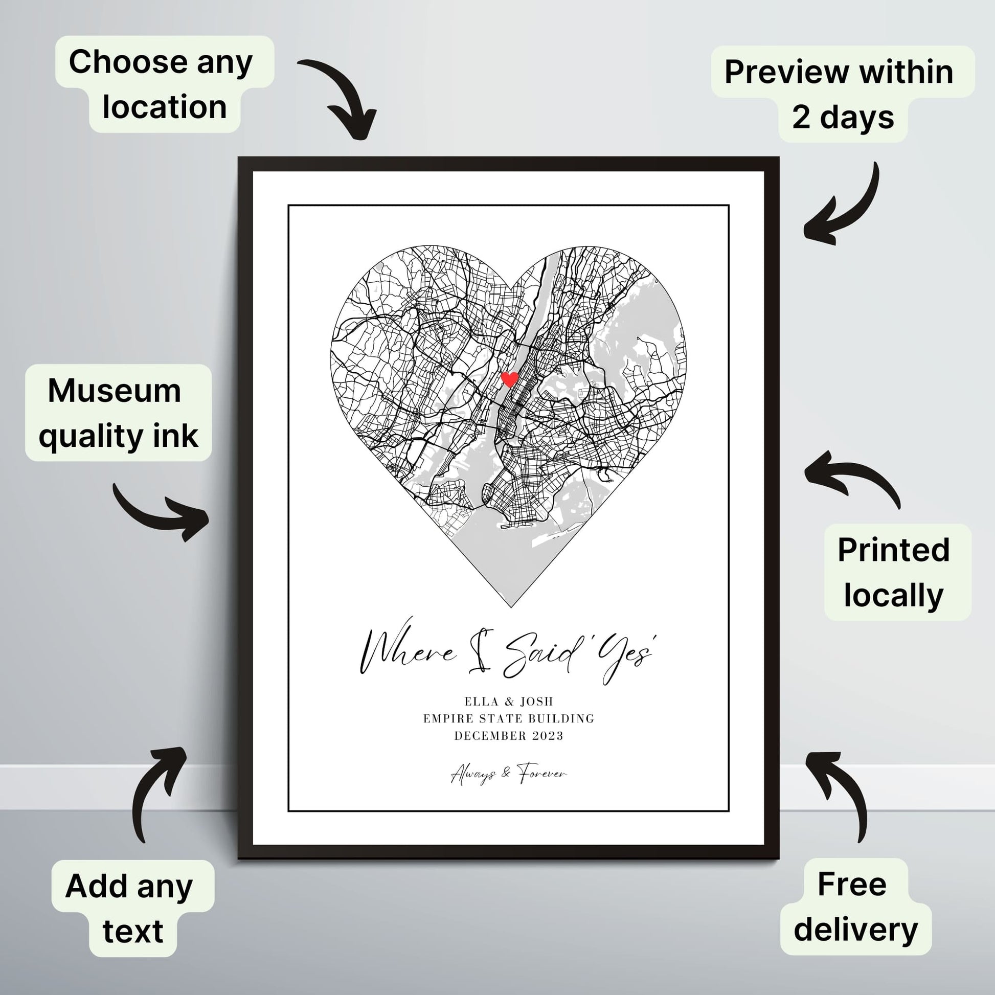 Heart-shaped map print with customizable text.