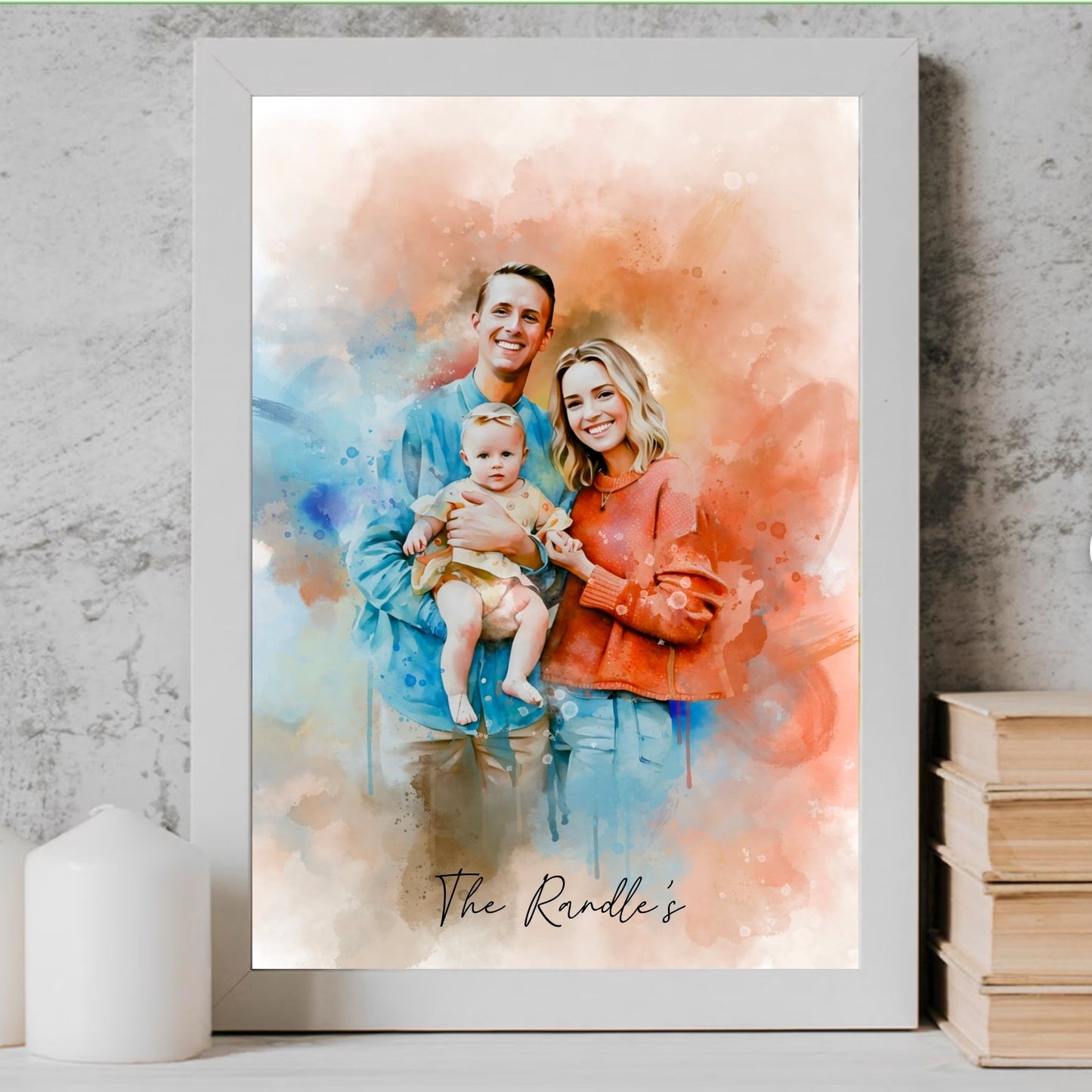 Watercolour portrait of family.